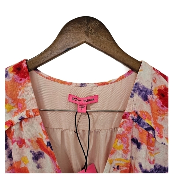 Betsy Johnson boho flutter dress floral multicolor v-neck ruched waist 8 - Picture 5 of 16